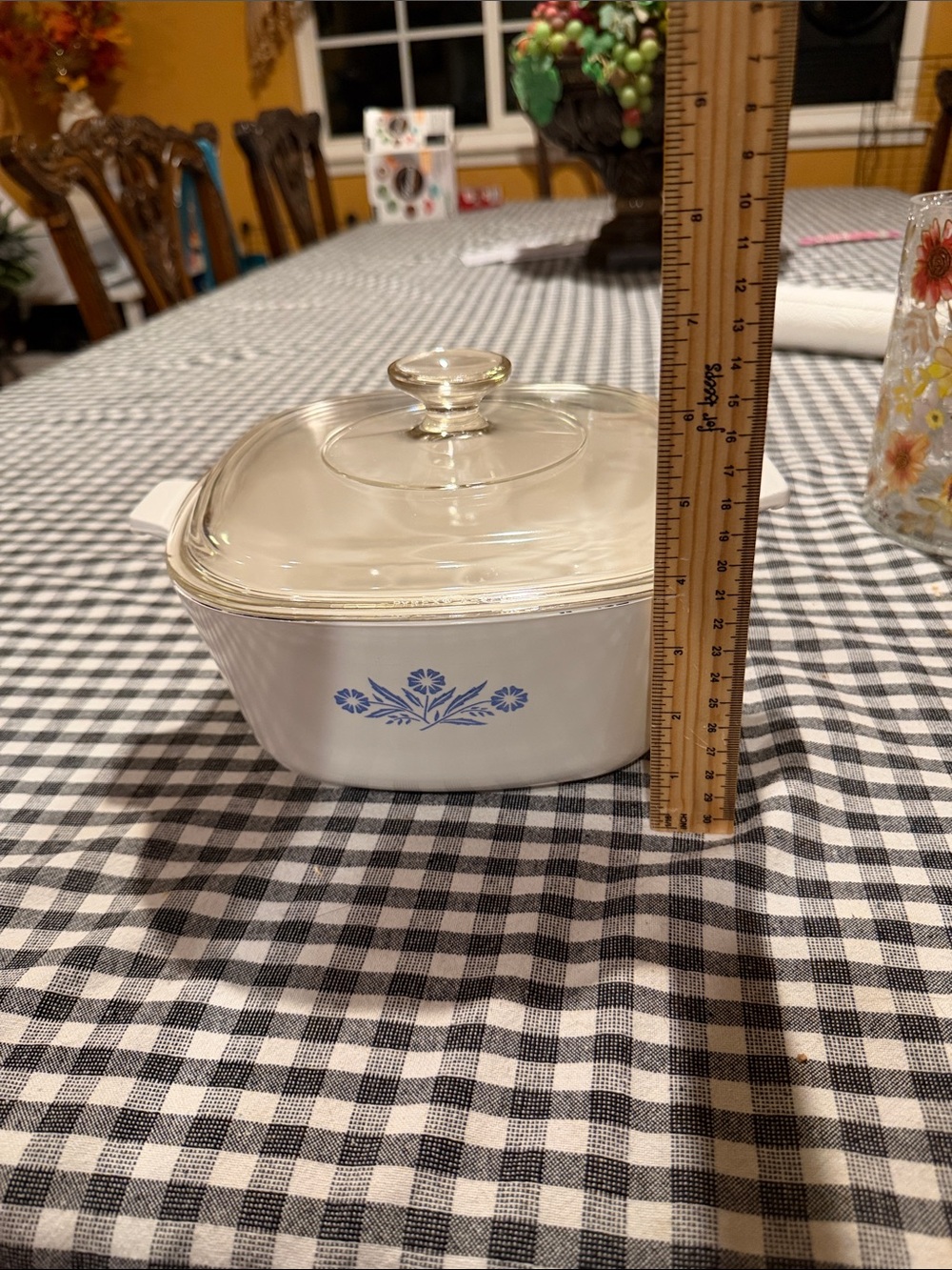 Corningware White Casserole Dish with Blue Floral Pattern and Clear Glass Lid